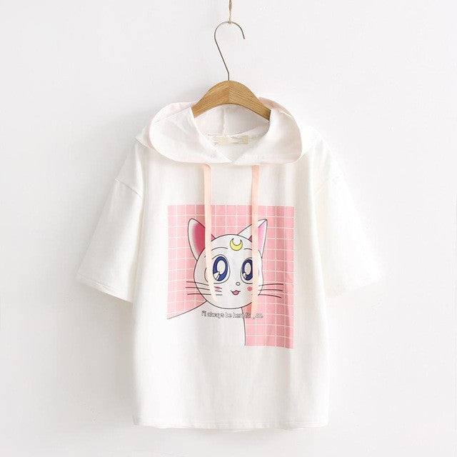 Woherb Woman Summer Hoodie Shirts  Short Sleeves Cotton Hoodies Kitten Printing T-shirt Casual Female Clothing Tops T33084 GS