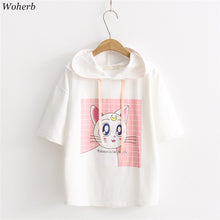 Woherb Woman Summer Hoodie Shirts  Short Sleeves Cotton Hoodies Kitten Printing T-shirt Casual Female Clothing Tops T33084 GS
