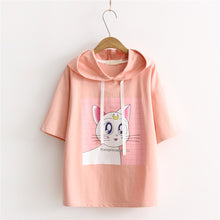 Woherb Woman Summer Hoodie Shirts  Short Sleeves Cotton Hoodies Kitten Printing T-shirt Casual Female Clothing Tops T33084 GS