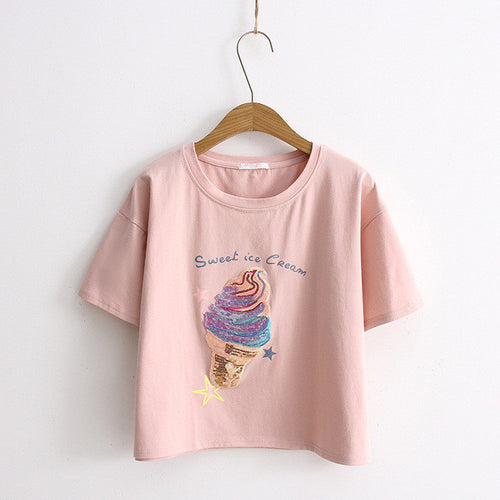Woherb Women Cotton T-shirt Sexy Crop Top Loose Tee Short Sleeve Ice-cream Sequined Tops Casual Lady Summer Kawaii Shirts 33107 GS