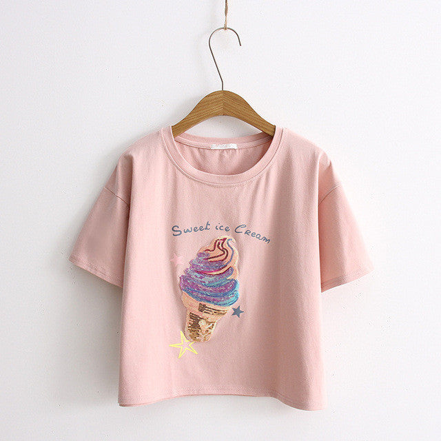 Woherb Women Cotton T-shirt Sexy Crop Top Loose Tee Short Sleeve Ice-cream Sequined Tops Casual Lady Summer Kawaii Shirts 33107 GS