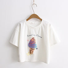 Woherb Women Cotton T-shirt Sexy Crop Top Loose Tee Short Sleeve Ice-cream Sequined Tops Casual Lady Summer Kawaii Shirts 33107 GS