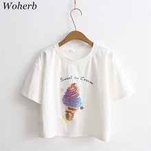 Woherb Women Cotton T-shirt Sexy Crop Top Loose Tee Short Sleeve Ice-cream Sequined Tops Casual Lady Summer Kawaii Shirts 33107 GS