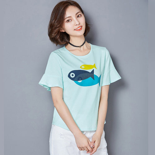 Woherb Women Top Tees  Summer Short Pleated Sleeves Tee Cute Fish Printing Top Shirt Fashion O-neck Tshirts 33109 GS