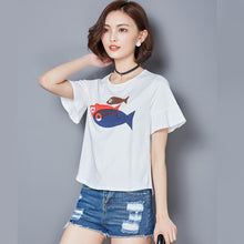 Woherb Women Top Tees  Summer Short Pleated Sleeves Tee Cute Fish Printing Top Shirt Fashion O-neck Tshirts 33109 GS