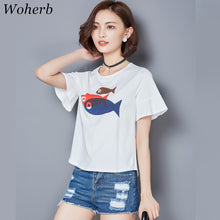 Woherb Women Top Tees  Summer Short Pleated Sleeves Tee Cute Fish Printing Top Shirt Fashion O-neck Tshirts 33109 GS