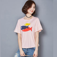 Woherb Women Top Tees  Summer Short Pleated Sleeves Tee Cute Fish Printing Top Shirt Fashion O-neck Tshirts 33109 GS