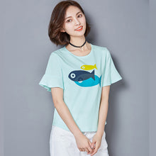 Woherb Women Top Tees  Summer Short Pleated Sleeves Tee Cute Fish Printing Top Shirt Fashion O-neck Tshirts 33109 GS