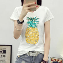 Woman Casual Tops Tee  Harajuku Summer Pineapple Sequins Short Sleeves O-neck T-shirt Female loose Cotton Tops Shirt 33004 GS