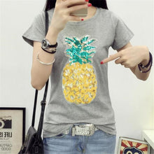 Woman Casual Tops Tee  Harajuku Summer Pineapple Sequins Short Sleeves O-neck T-shirt Female loose Cotton Tops Shirt 33004 GS
