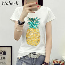 Woman Casual Tops Tee  Harajuku Summer Pineapple Sequins Short Sleeves O-neck T-shirt Female loose Cotton Tops Shirt 33004 GS