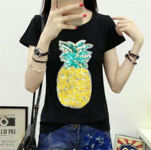 Woman Casual Tops Tee  Harajuku Summer Pineapple Sequins Short Sleeves O-neck T-shirt Female loose Cotton Tops Shirt 33004 GS