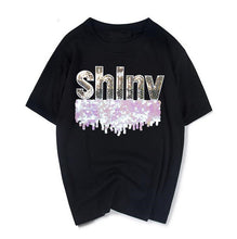 Woman Casual Tops Tee  Summer Shiny Letters Sequins Design Short Sleeves T-shirt Female Large Size loose Top Shirt 33020 GS