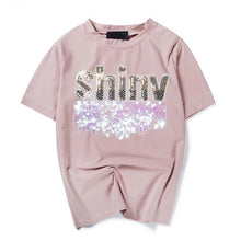 Woman Casual Tops Tee  Summer Shiny Letters Sequins Design Short Sleeves T-shirt Female Large Size loose Top Shirt 33020 GS