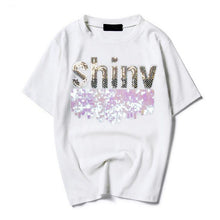 Woman Casual Tops Tee  Summer Shiny Letters Sequins Design Short Sleeves T-shirt Female Large Size loose Top Shirt 33020 GS