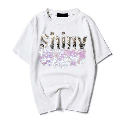 Woman Casual Tops Tee  Summer Shiny Letters Sequins Design Short Sleeves T-shirt Female Large Size loose Top Shirt 33020 GS
