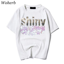 Woman Casual Tops Tee  Summer Shiny Letters Sequins Design Short Sleeves T-shirt Female Large Size loose Top Shirt 33020 GS