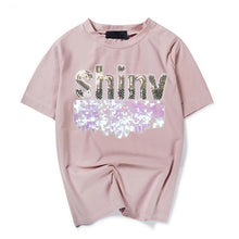 Woman Casual Tops Tee  Summer Shiny Letters Sequins Design Short Sleeves T-shirt Female Large Size loose Top Shirt 33020 GS