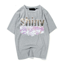 Woman Casual Tops Tee  Summer Shiny Letters Sequins Design Short Sleeves T-shirt Female Large Size loose Top Shirt 33020 GS