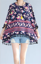 Woman Chiffon Shirt Batwing Sleeve O-neck Collar Tops Harajuku Printing Large Size Shirts Loose Tassel Design Top Shirt 33075 GS