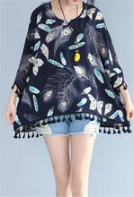 Woman Chiffon Shirt Batwing Sleeve O-neck Collar Tops Harajuku Printing Large Size Shirts Loose Tassel Design Top Shirt 33075 GS