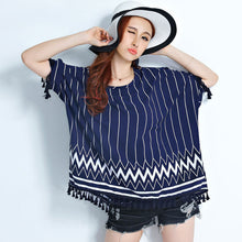Woman Chiffon Shirt Batwing Sleeve O-neck Collar Tops Harajuku Printing Large Size Shirts Loose Tassel Design Top Shirt 33075 GS