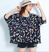 Woman Chiffon Shirt Batwing Sleeve O-neck Collar Tops Harajuku Printing Large Size Shirts Loose Tassel Design Top Shirt 33075 GS