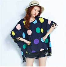 Woman Chiffon Shirt Batwing Sleeve O-neck Collar Tops Harajuku Printing Large Size Shirts Loose Tassel Design Top Shirt 33075 GS