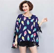 Woman Chiffon Shirt Batwing Sleeve O-neck Collar Tops Harajuku Printing Large Size Shirts Loose Tassel Design Top Shirt 33075 GS