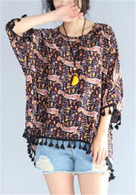 Woman Chiffon Shirt Batwing Sleeve O-neck Collar Tops Harajuku Printing Large Size Shirts Loose Tassel Design Top Shirt 33075 GS