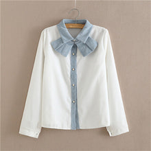 Woman Corduroy Blouses  Sweet Turn-down Collar Tops Shirt Long Sleeves Bowknot Design Shirt Female Tops Shirt 33061 GS