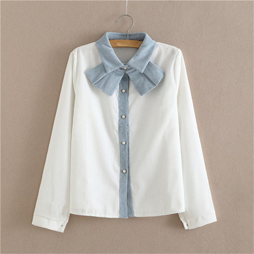 Woman Corduroy Blouses  Sweet Turn-down Collar Tops Shirt Long Sleeves Bowknot Design Shirt Female Tops Shirt 33061 GS