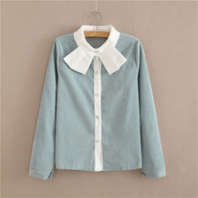 Woman Corduroy Blouses  Sweet Turn-down Collar Tops Shirt Long Sleeves Bowknot Design Shirt Female Tops Shirt 33061 GS