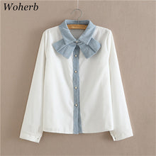 Woman Corduroy Blouses  Sweet Turn-down Collar Tops Shirt Long Sleeves Bowknot Design Shirt Female Tops Shirt 33061 GS