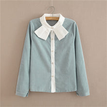 Woman Corduroy Blouses  Sweet Turn-down Collar Tops Shirt Long Sleeves Bowknot Design Shirt Female Tops Shirt 33061 GS