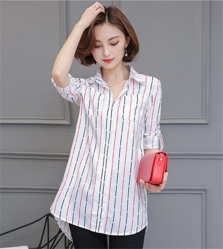 Woman Large Size Pullover Blouse  Turn-down Collar Tops Shirt Long Sleeve Striped Shirt Famale Work Wear Blusas 33071 GS