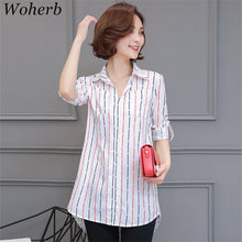 Woman Large Size Pullover Blouse  Turn-down Collar Tops Shirt Long Sleeve Striped Shirt Famale Work Wear Blusas 33071 GS