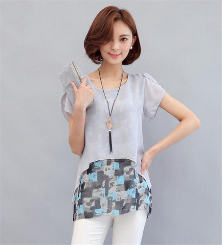 Woman Plus Size M-5XL Shirts  Summer Printing Patchwork Tops Shirt O-neck Short Sleeve Shirt Fashion Chiffon Clothing 33074 GS