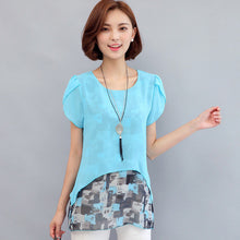 Woman Plus Size M-5XL Shirts  Summer Printing Patchwork Tops Shirt O-neck Short Sleeve Shirt Fashion Chiffon Clothing 33074 GS