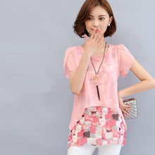 Woman Plus Size M-5XL Shirts  Summer Printing Patchwork Tops Shirt O-neck Short Sleeve Shirt Fashion Chiffon Clothing 33074 GS