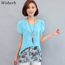 Woman Plus Size M-5XL Shirts  Summer Printing Patchwork Tops Shirt O-neck Short Sleeve Shirt Fashion Chiffon Clothing 33074 GS