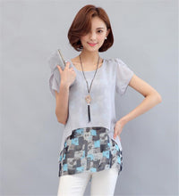 Woman Plus Size M-5XL Shirts  Summer Printing Patchwork Tops Shirt O-neck Short Sleeve Shirt Fashion Chiffon Clothing 33074 GS