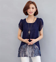 Woman Plus Size M-5XL Shirts  Summer Printing Patchwork Tops Shirt O-neck Short Sleeve Shirt Fashion Chiffon Clothing 33074 GS
