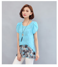 Woman Plus Size M-5XL Shirts  Summer Printing Patchwork Tops Shirt O-neck Short Sleeve Shirt Fashion Chiffon Clothing 33074 GS