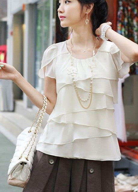 Woman Plus Size Shirts O-collar Office Wear Tops Butterfly Sleeve Pure Ruffle Patchwork Top Shirt Female Chiffon Shirt 33065 GS