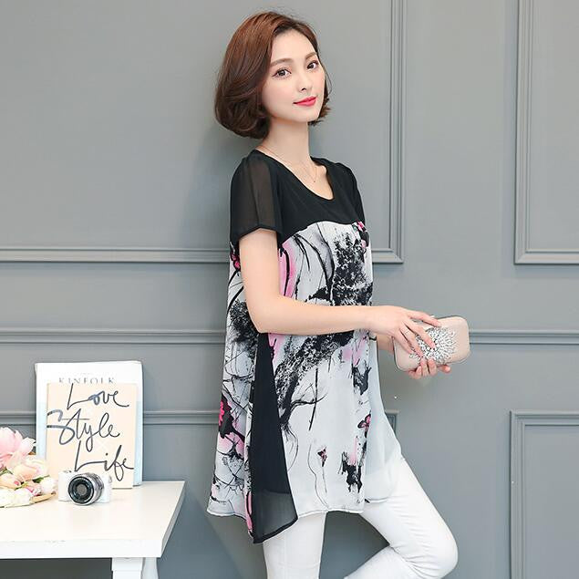Woman Shirts  Short Sleeves O-neck Collar Tops Loose Butterfly Printing Shirt Female Chiffon Top Shirt Plus Size 4XL 33070 GS