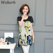 Woman Shirts  Short Sleeves O-neck Collar Tops Loose Butterfly Printing Shirt Female Chiffon Top Shirt Plus Size 4XL 33070 GS