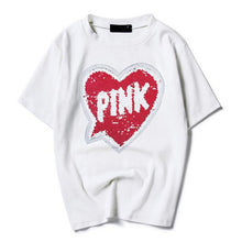 Woman T-shirts  Harajuku Summer Pink Letters Sequins Short Sleeves Tops Tee Female O-neck Loose T-shirt 33022 GS