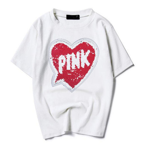 Woman T-shirts  Harajuku Summer Pink Letters Sequins Short Sleeves Tops Tee Female O-neck Loose T-shirt 33022 GS