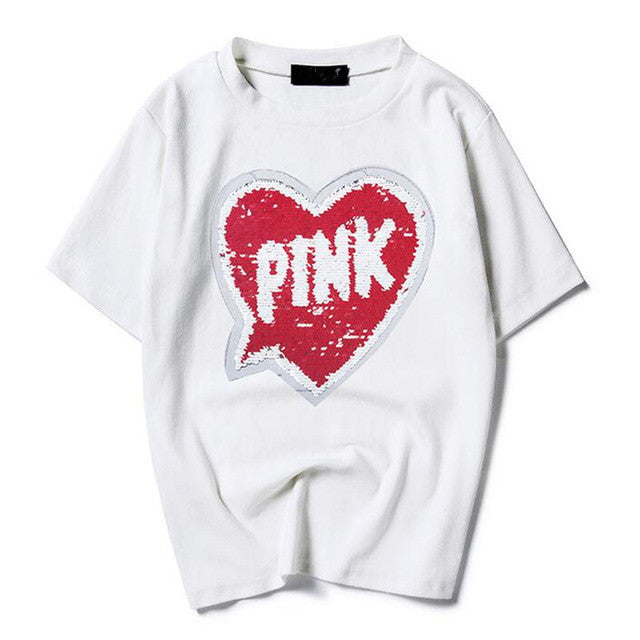 Woman T-shirts  Harajuku Summer Pink Letters Sequins Short Sleeves Tops Tee Female O-neck Loose T-shirt 33022 GS